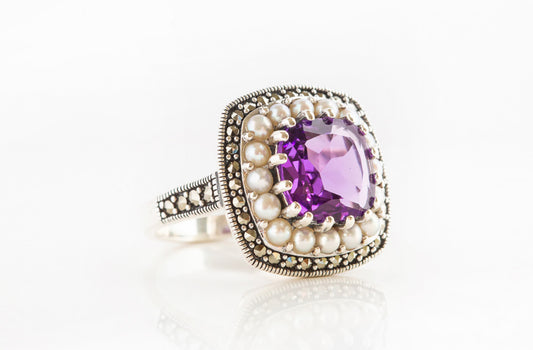 cushion cut amethyst ring with fresh water pearls, Amethyst the February birthstone - Victoria's Jewellery