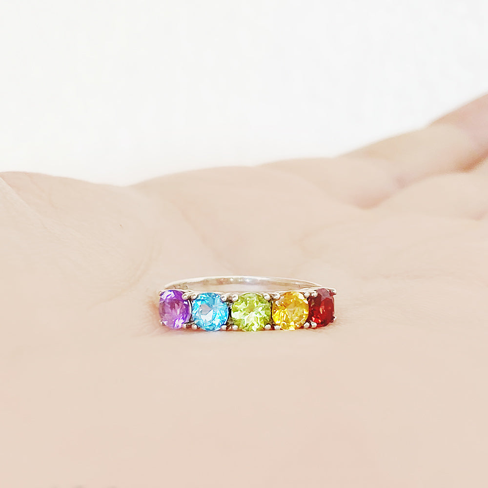 Round cut Rainbow Semi-Precious Gemstone half eternity anniversary ring in White Gold - Victoria's Jewellery