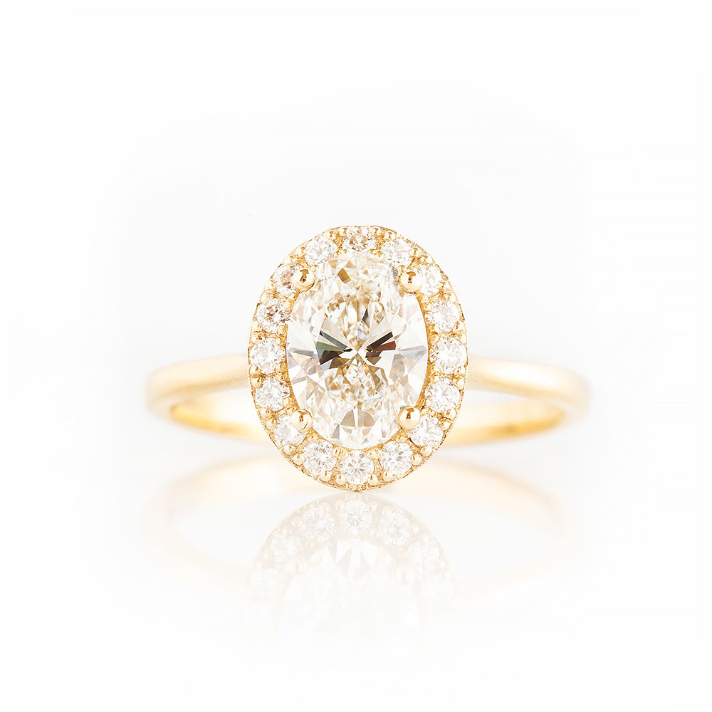 Oval cut Lab Diamond Halo Engagement Ring in Yellow Gold - Victoria's Jewellery