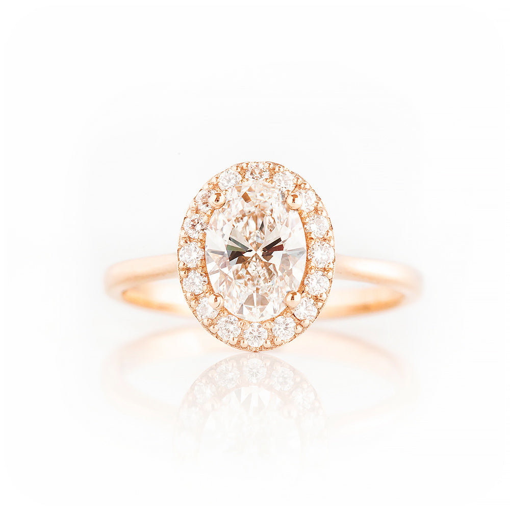 Oval cut Lab Diamond Halo Engagement Ring in Rose Gold - Victoria's Jewellery