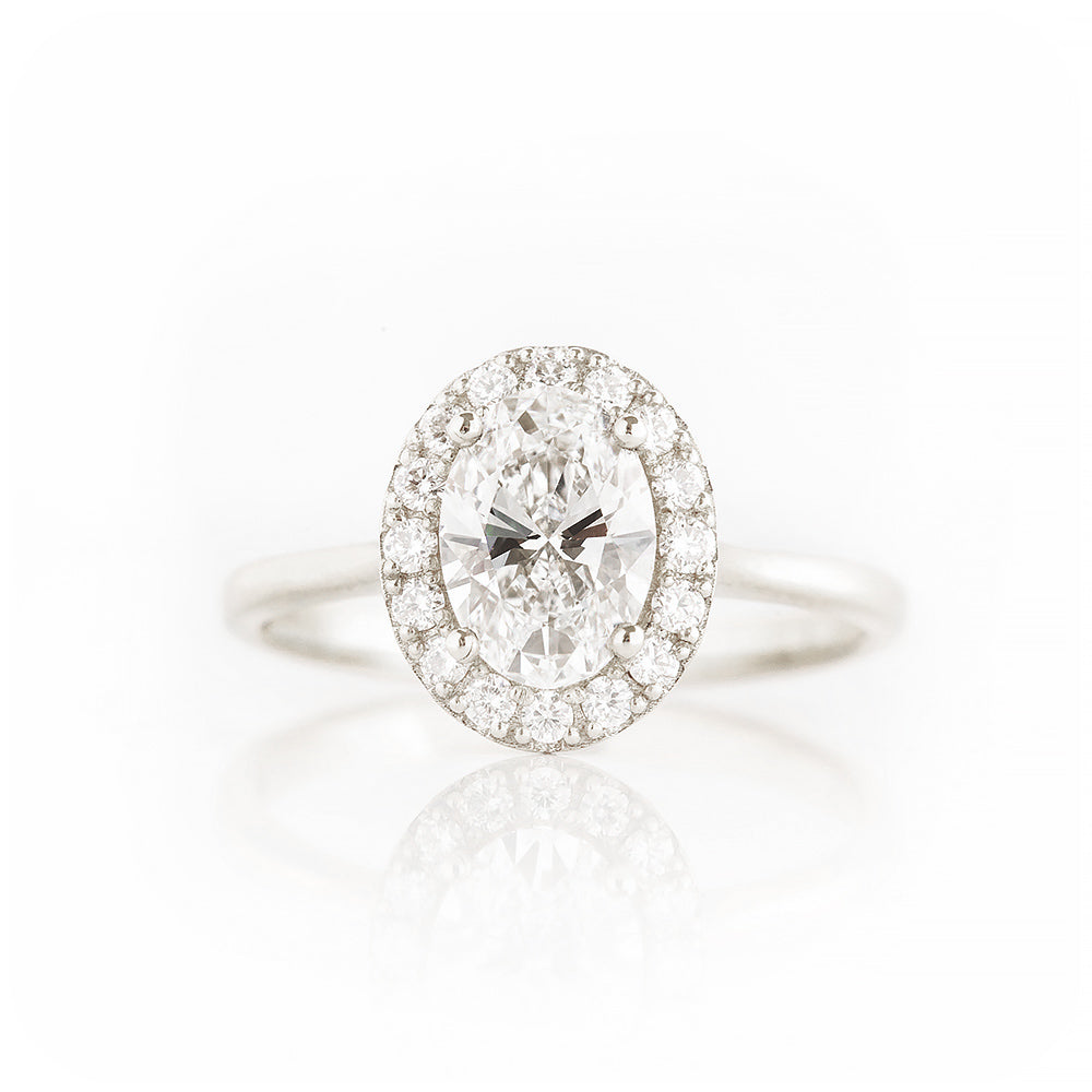 Oval cut Lab Diamond Halo Engagement Ring in White Gold - Victoria's Jewellery