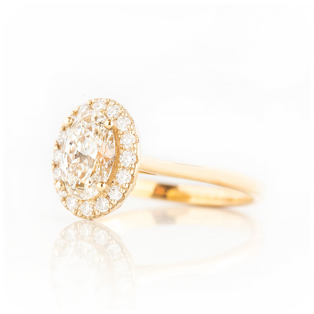 Oval cut Lab Diamond Halo Engagement Ring in Yellow Gold - Victoria's Jewellery