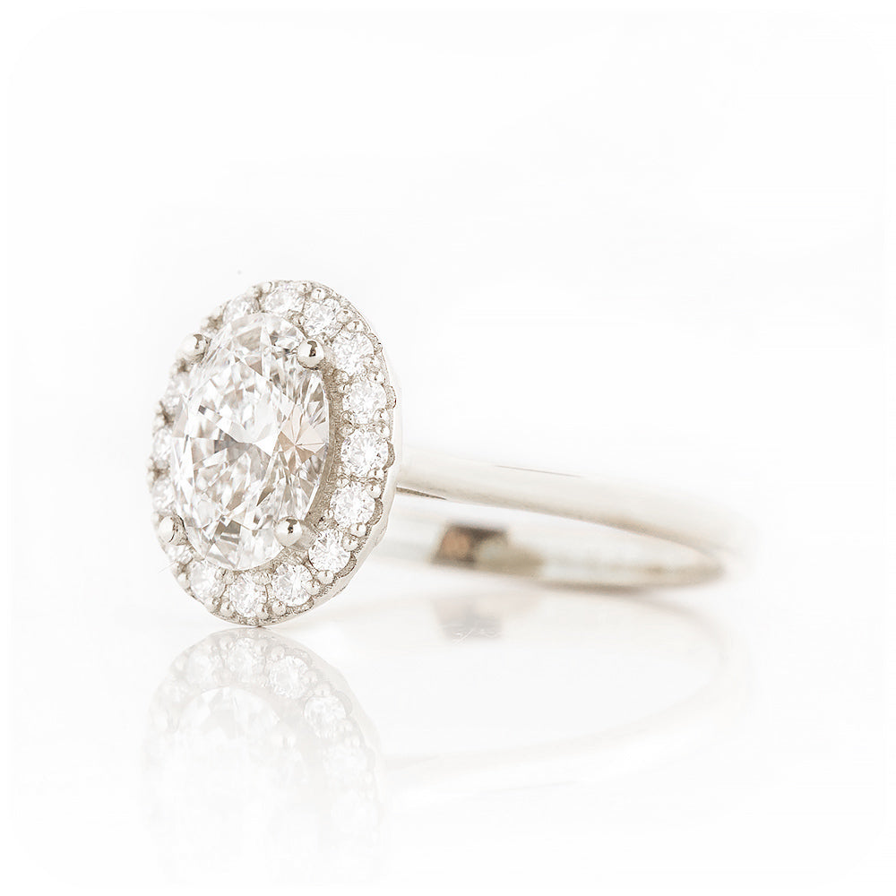 Oval cut Lab Diamond Halo Engagement Ring in White Gold - Victoria's Jewellery