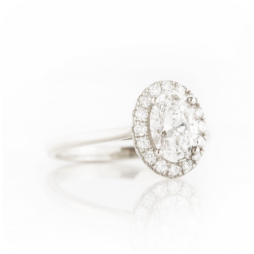 Oval cut Lab Diamond Halo Engagement Ring in White Gold - Victoria's Jewellery
