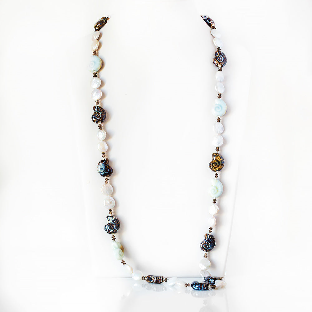 Biwa Pearl and Ceramic Sea Shell Necklace