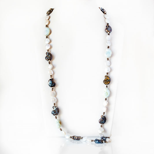 Biwa Pearl and Ceramic Sea Shell Necklace