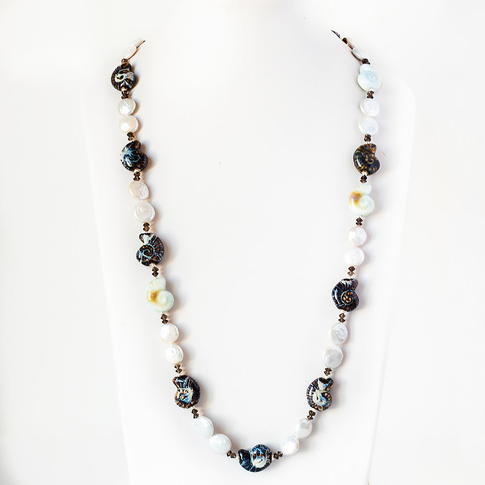 Biwa Pearl and Ceramic Sea Shell Necklace