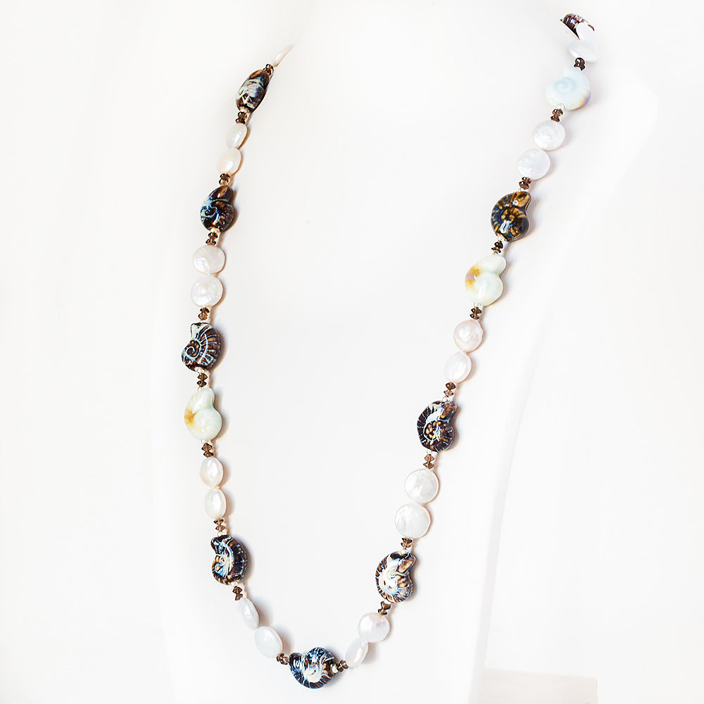 Biwa Pearl and Ceramic Sea Shell Necklace