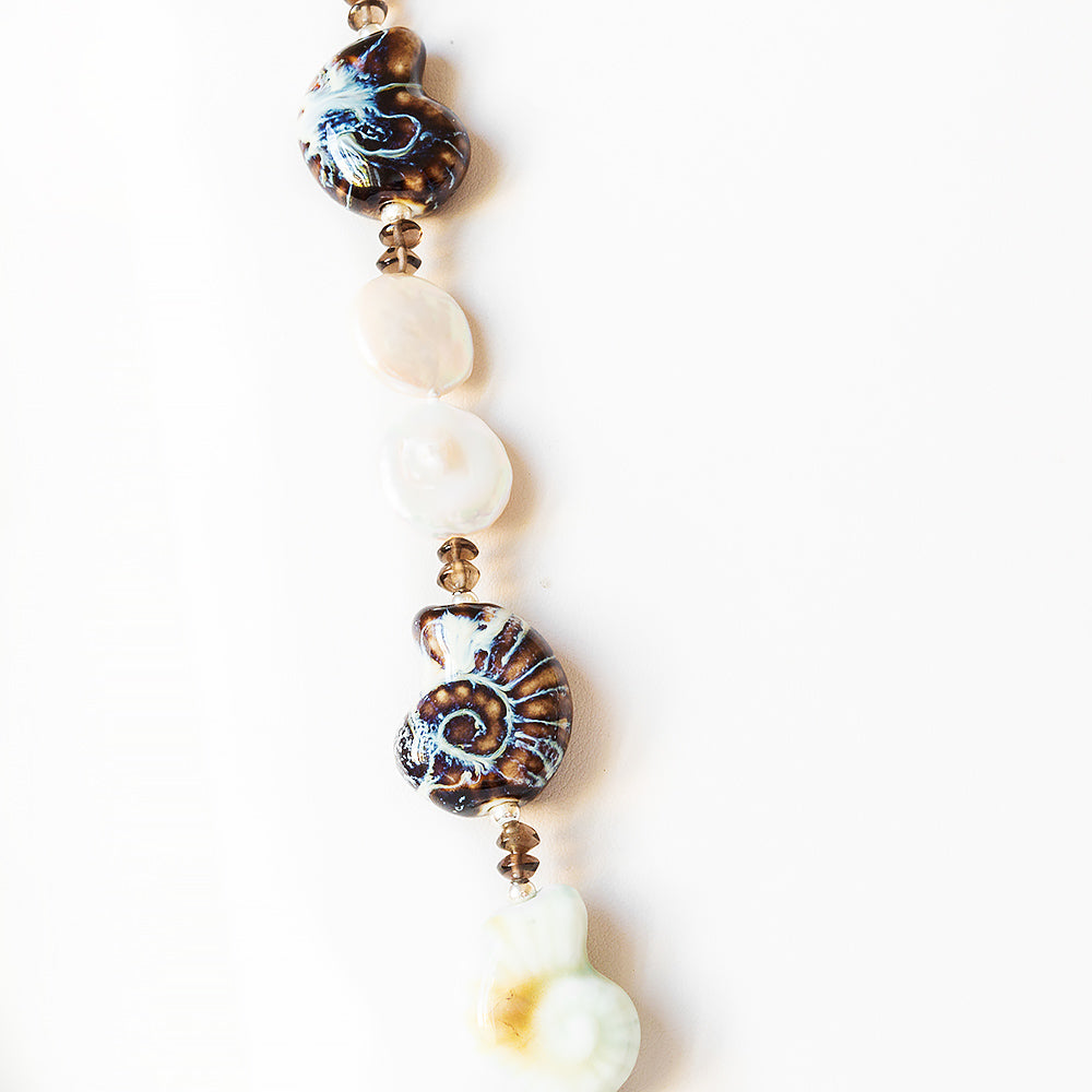 Biwa Pearl and Ceramic Sea Shell Necklace