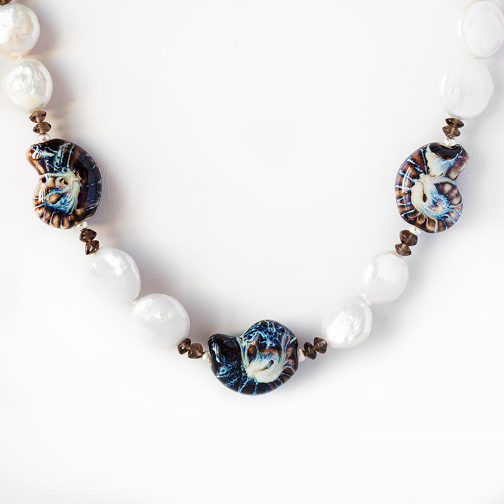 Biwa Pearl and Ceramic Sea Shell Necklace