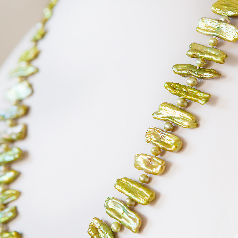 Green Biwa Tooth Pearls with Green Fresh Water Pearl Necklace - 58cm - Victoria's Jewellery