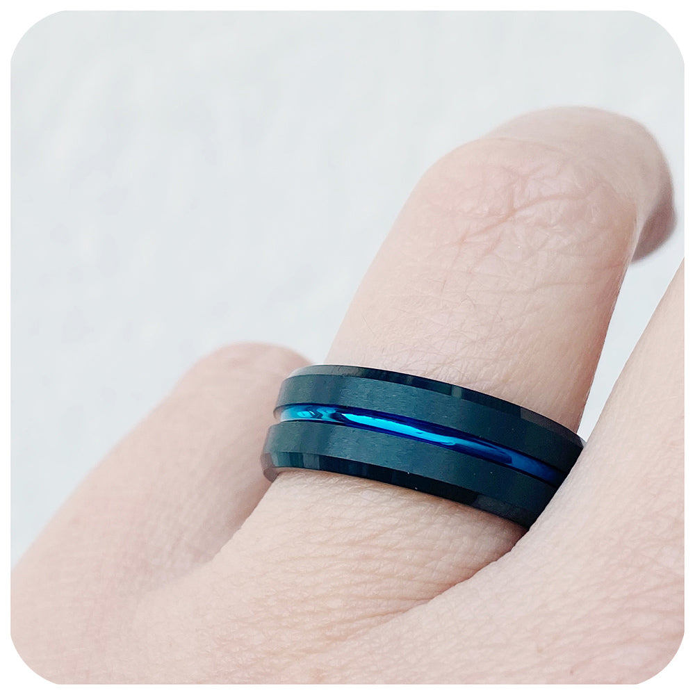 Blue Groove Black Brushed Tungsten Mens Wedding Ring - Victoria's Jewellery