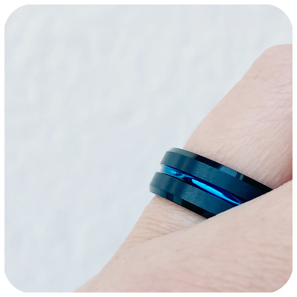 Blue Groove Black Brushed Tungsten Mens Wedding Ring - Victoria's Jewellery