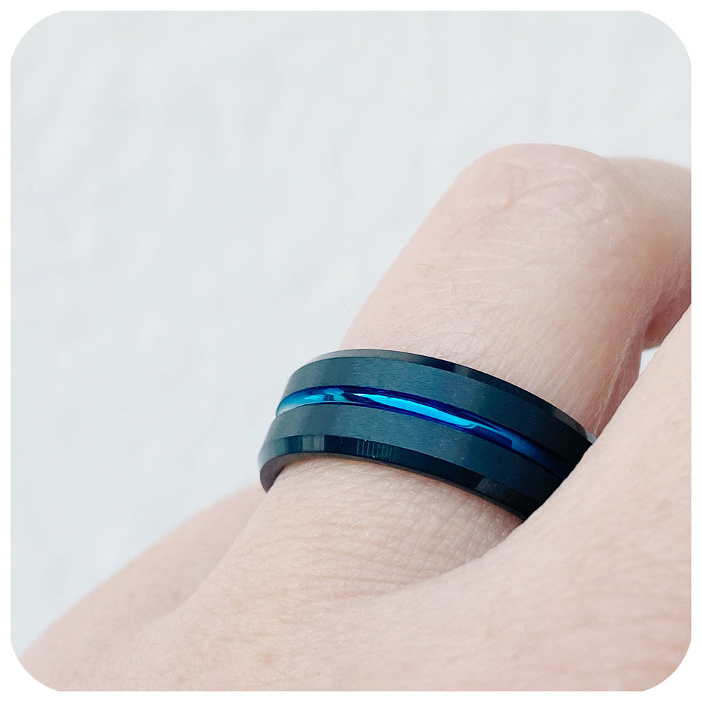 Blue Groove Black Brushed Tungsten Mens Wedding Ring - Victoria's Jewellery