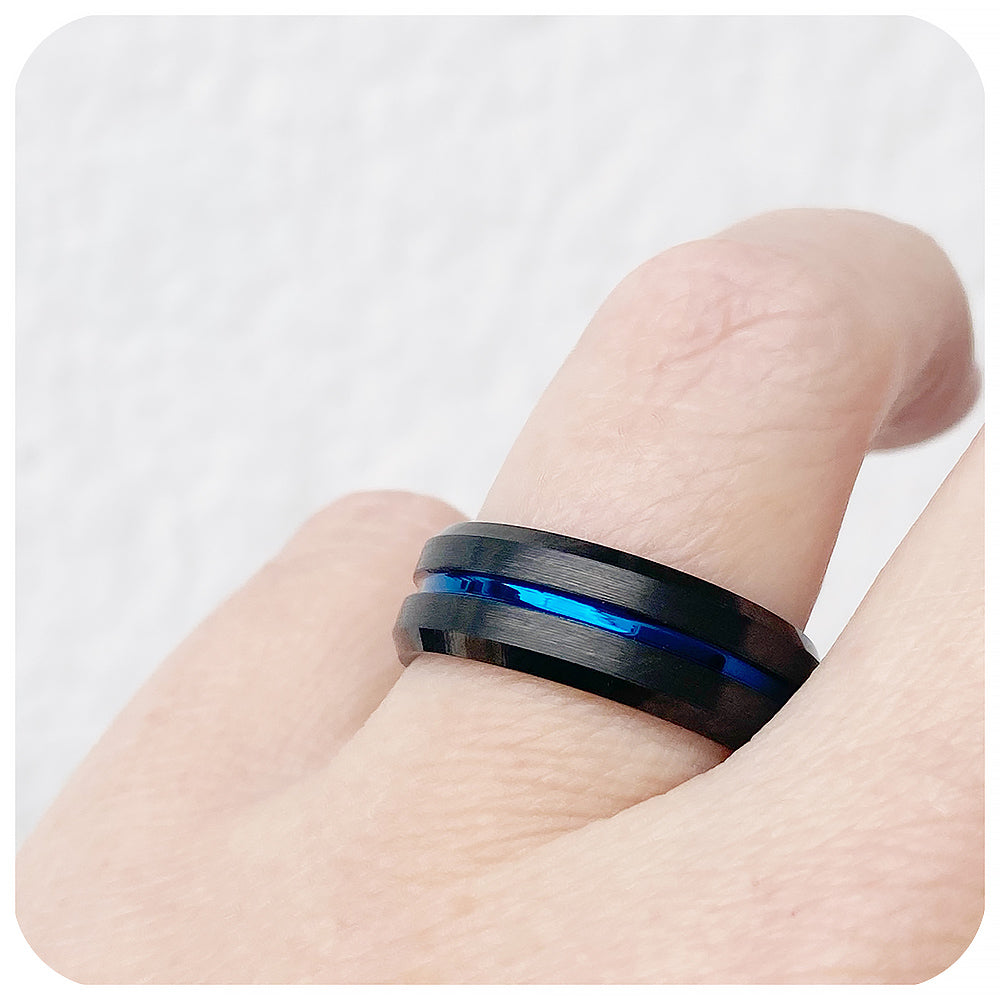 Blue Groove Black Brushed Tungsten Mens Wedding Ring - Victoria's Jewellery