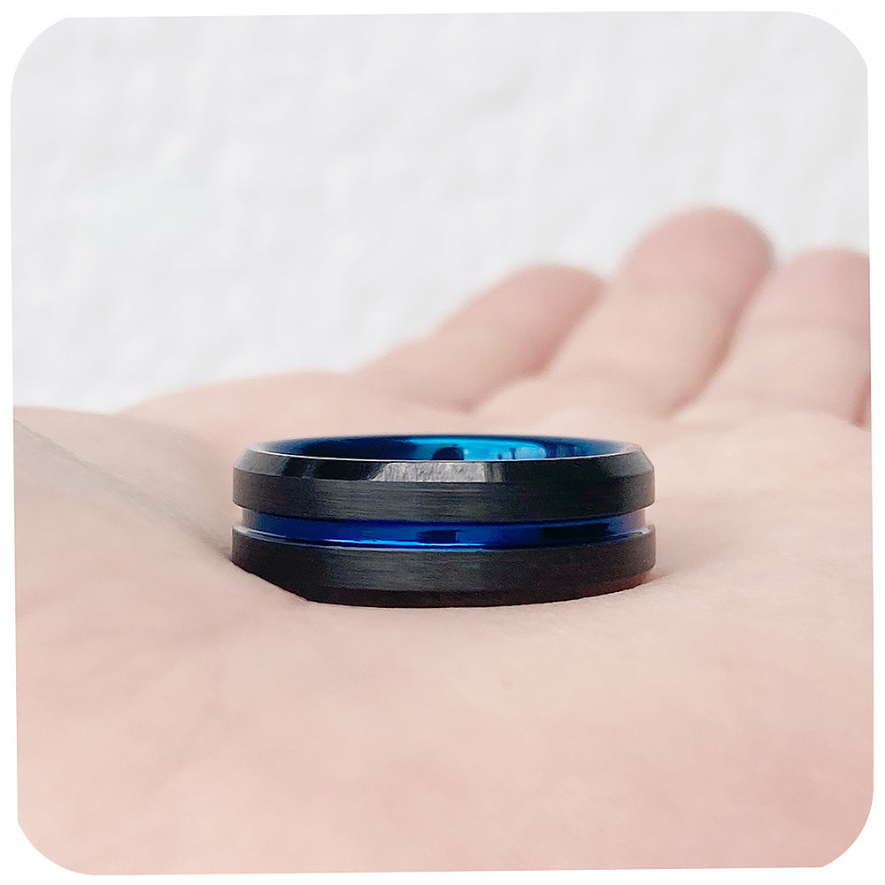 Blue Groove Black Brushed Tungsten Mens Wedding Ring - Victoria's Jewellery