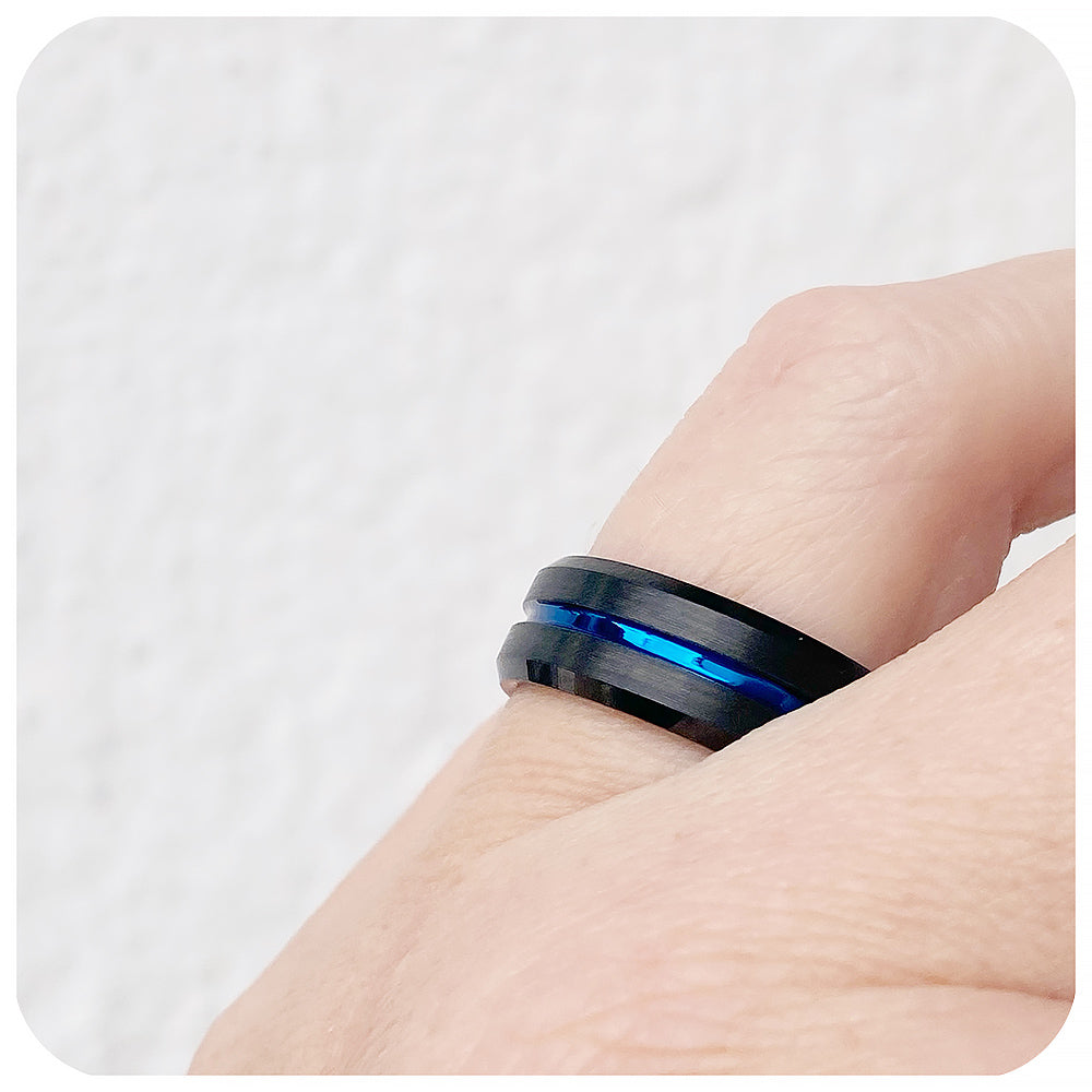 Blue Groove Black Brushed Tungsten Mens Wedding Ring - Victoria's Jewellery