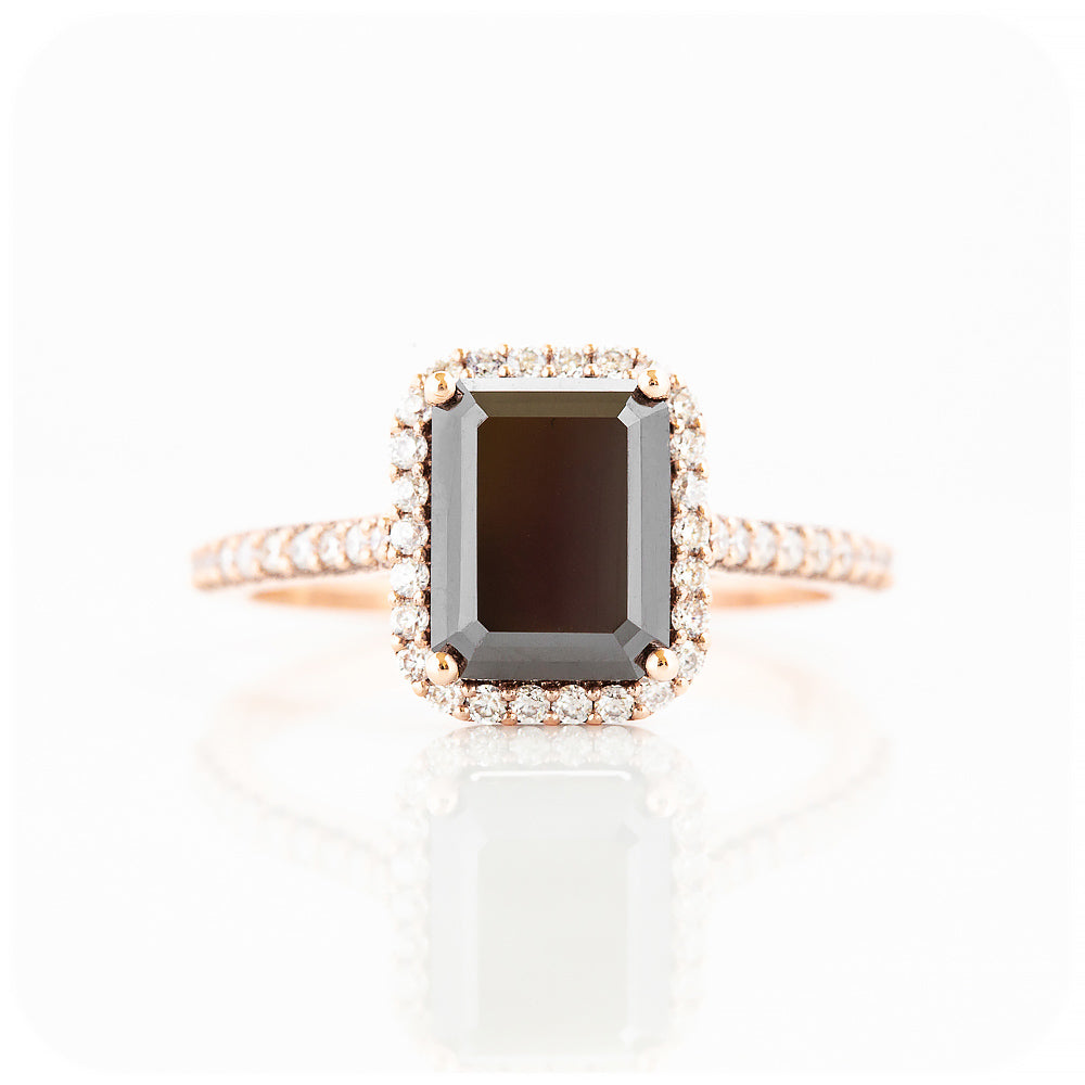 Emerald cut Black Moissanite with White Moissanite Halo and Accent Stones Engagement Ring - Victoria's Jewellery