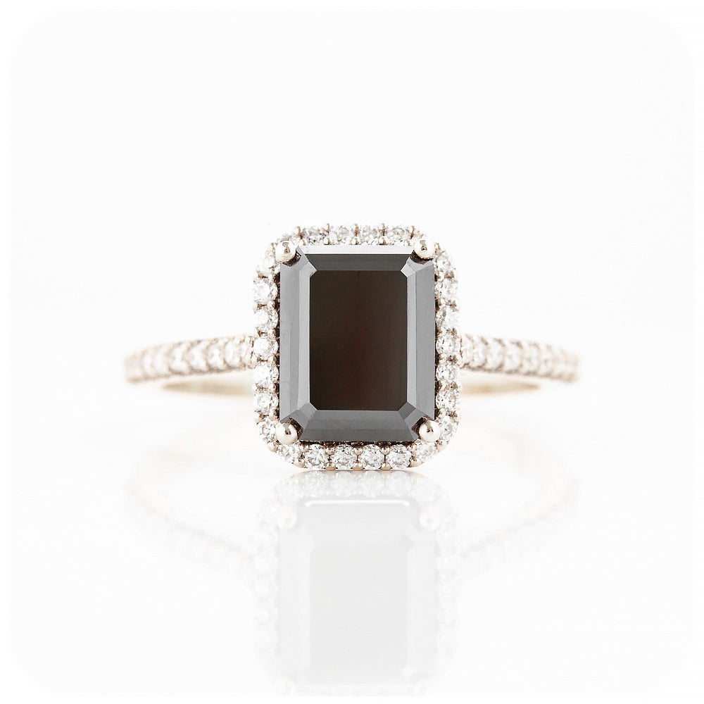 Emerald cut Black Moissanite with White Moissanite Halo and Accent Stones Engagement Ring - Victoria's Jewellery