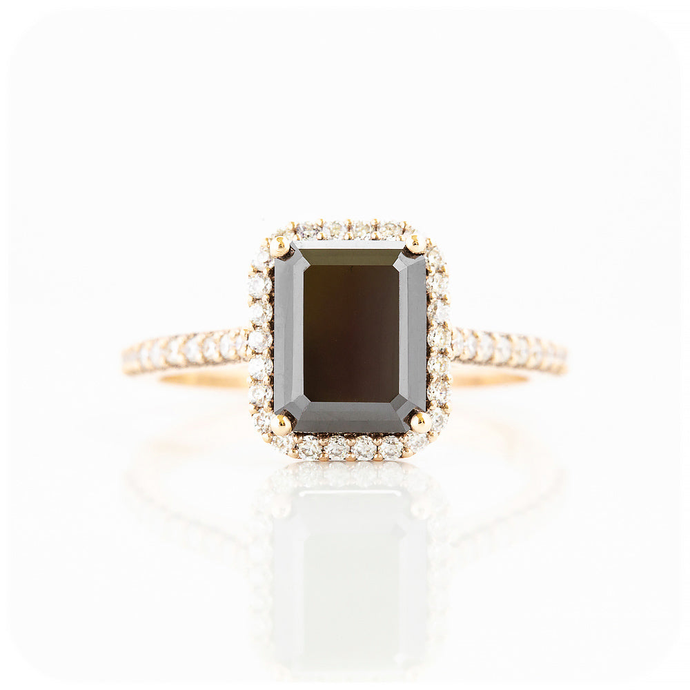Emerald cut Black Moissanite with White Moissanite Halo and Accent Stones Engagement Ring - Victoria's Jewellery