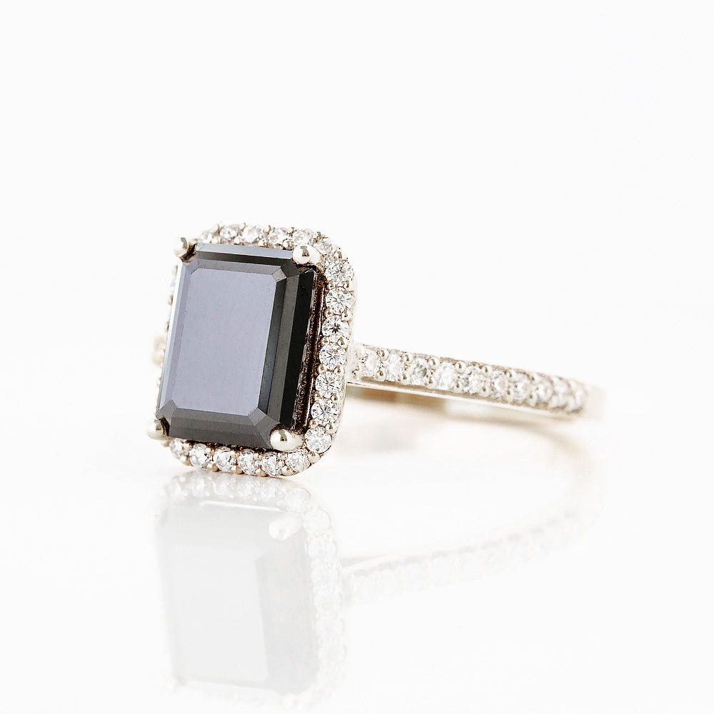 Emerald cut Black Moissanite with White Moissanite Halo and Accent Stones Engagement Ring - Victoria's Jewellery