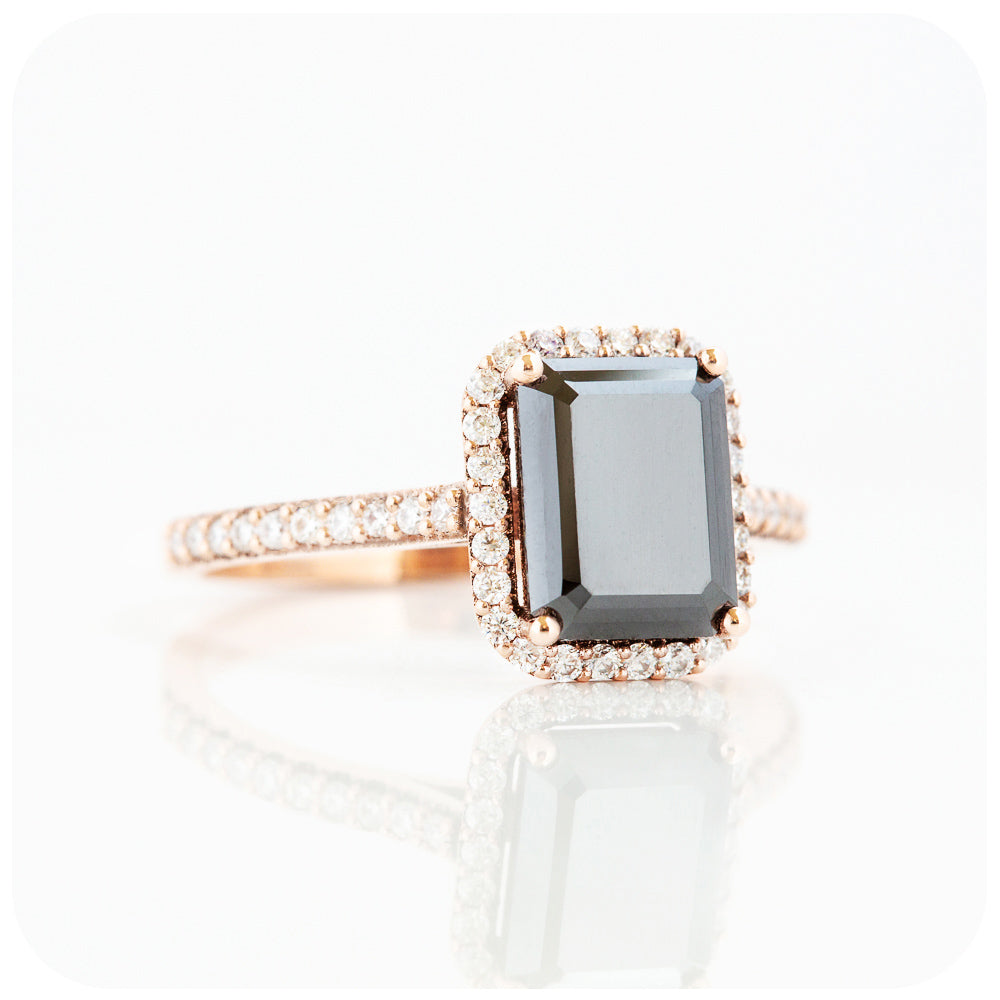 Emerald cut Black Moissanite with White Moissanite Halo and Accent Stones Engagement Ring - Victoria's Jewellery