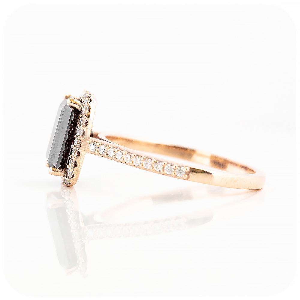 Emerald cut Black Moissanite with White Moissanite Halo and Accent Stones Engagement Ring - Victoria's Jewellery
