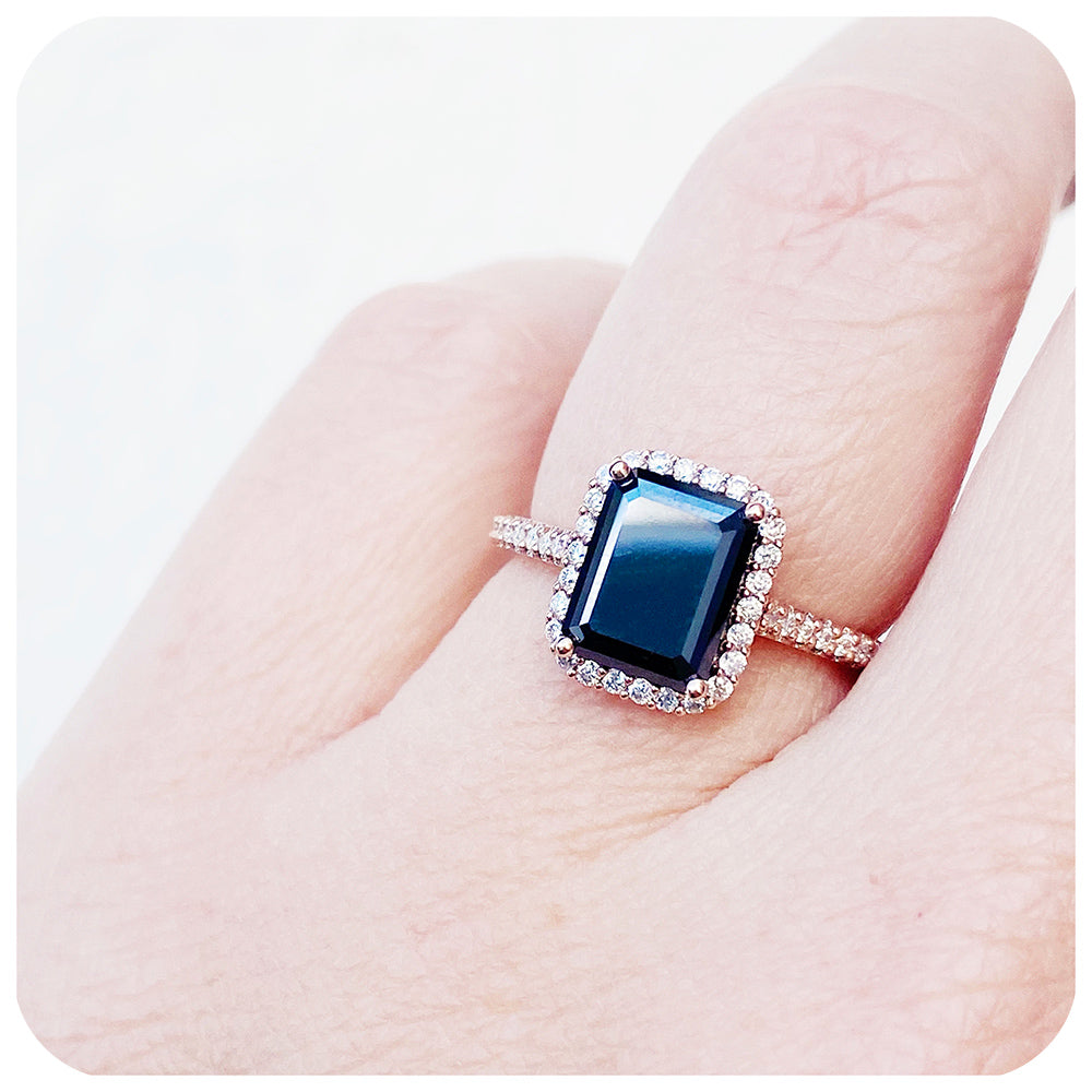 Emerald cut Black Moissanite with White Moissanite Halo and Accent Stones Engagement Ring - Victoria's Jewellery