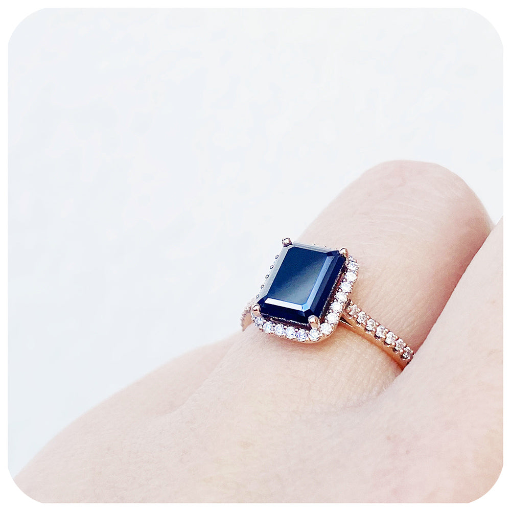 Emerald cut Black Moissanite with White Moissanite Halo and Accent Stones Engagement Ring - Victoria's Jewellery