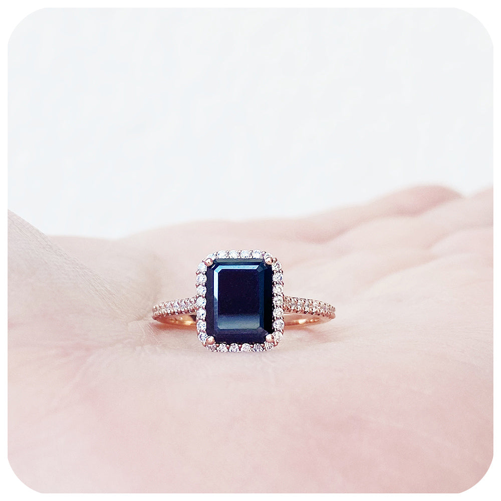 Emerald cut Black Moissanite with White Moissanite Halo and Accent Stones Engagement Ring - Victoria's Jewellery