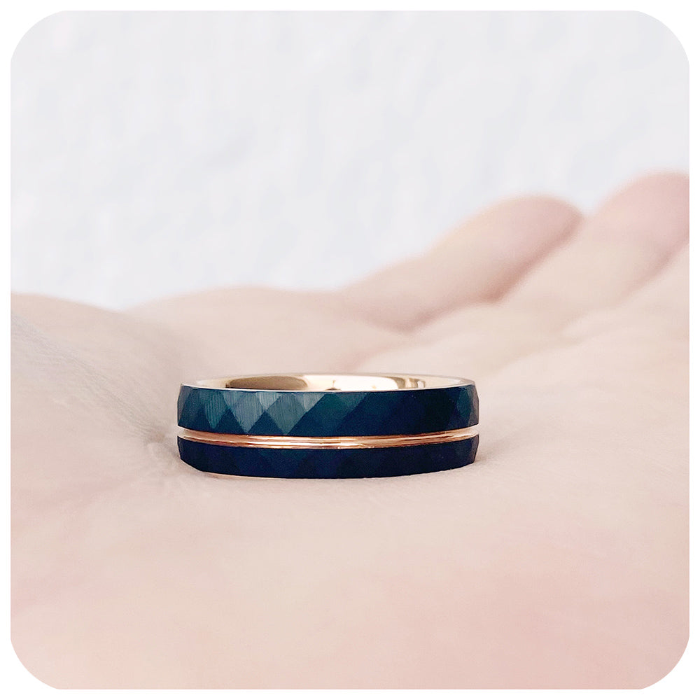 Carter, a Hammered Black and Rose Groove Tungsten Men's Ring - 6mm