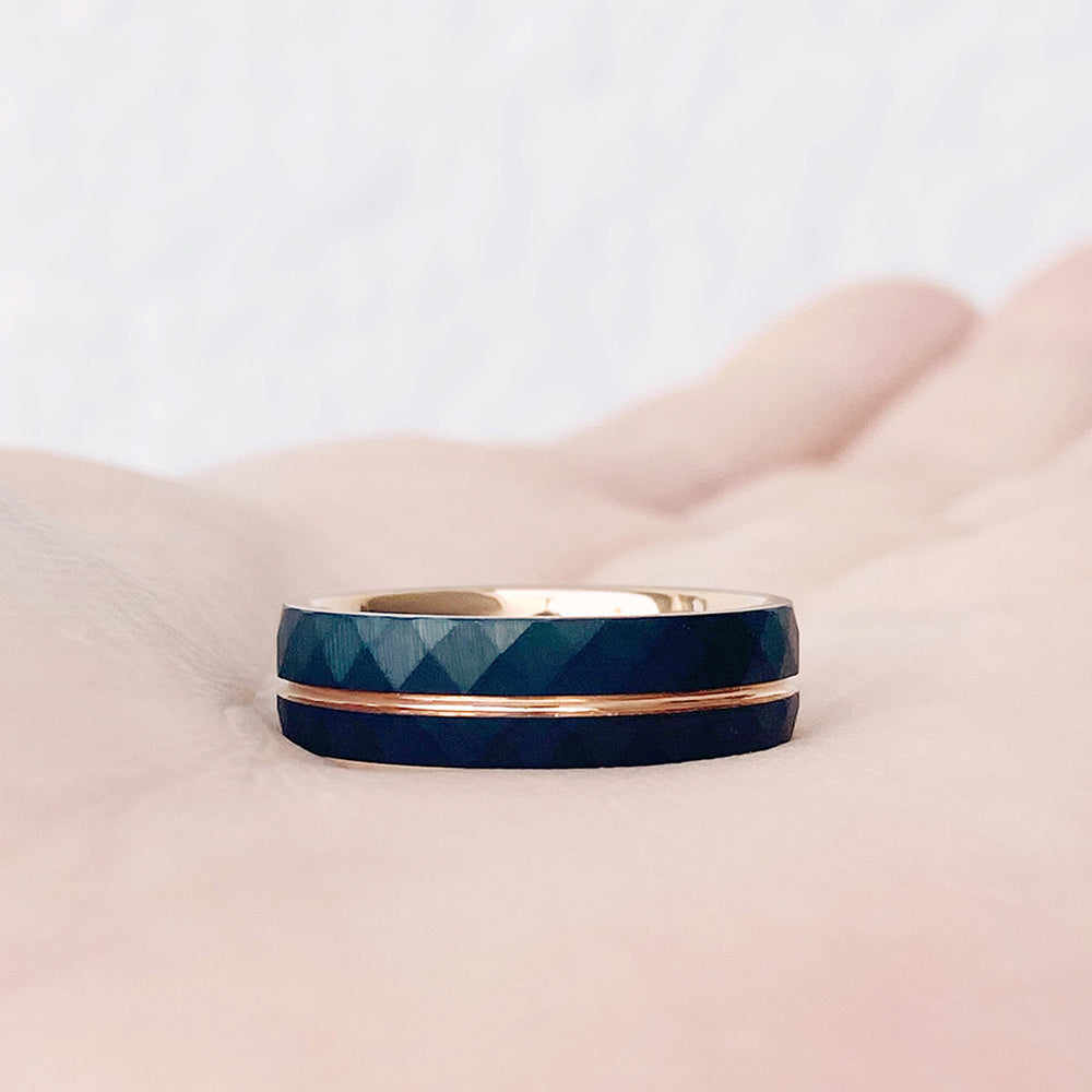 Gold Groove and Black Hammered Tungsten Mens Wedding Ring - Victoria's Jewellery