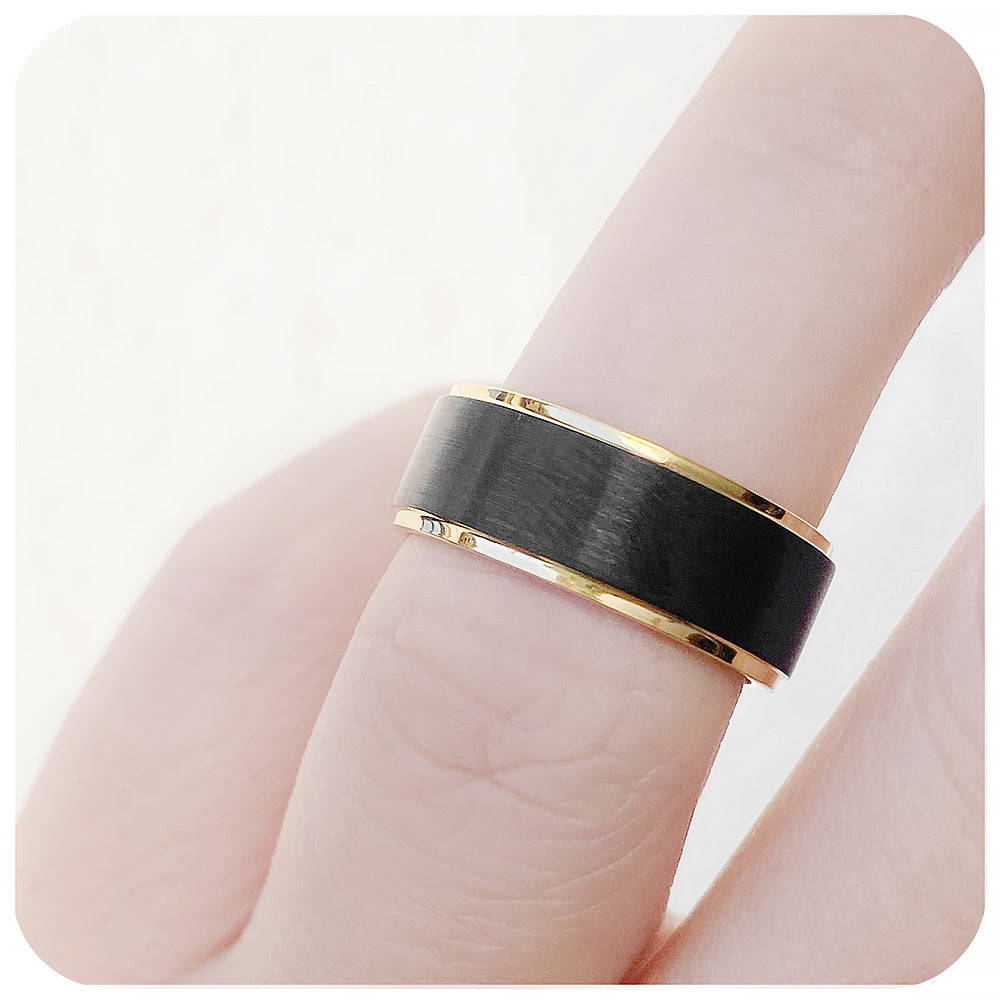 Black and Yellow Gold Tungsten Mens Wedding Ring - Victoria's Jewellery