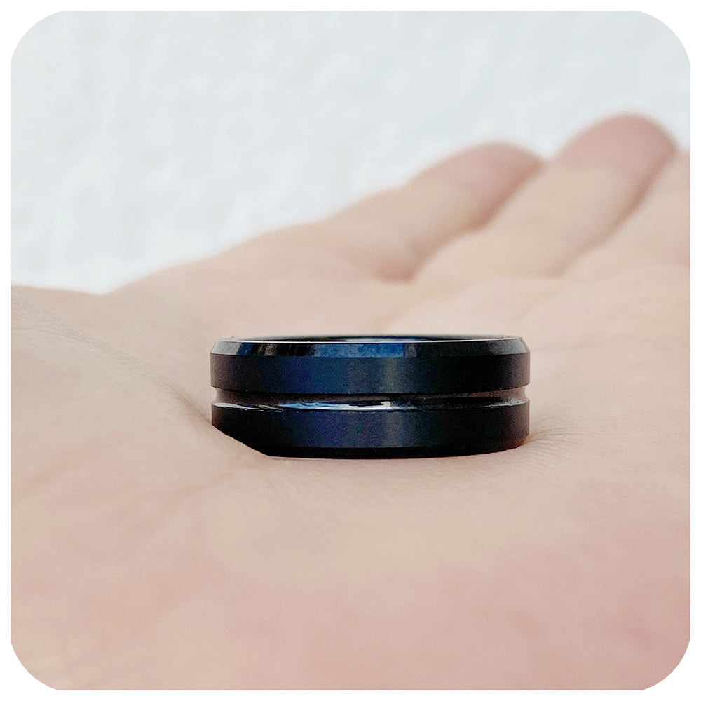 Black grooved tungsten mens wedding ring - Victoria's Jewellery