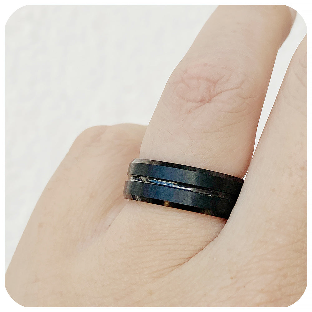Black grooved tungsten mens wedding ring - Victoria's Jewellery