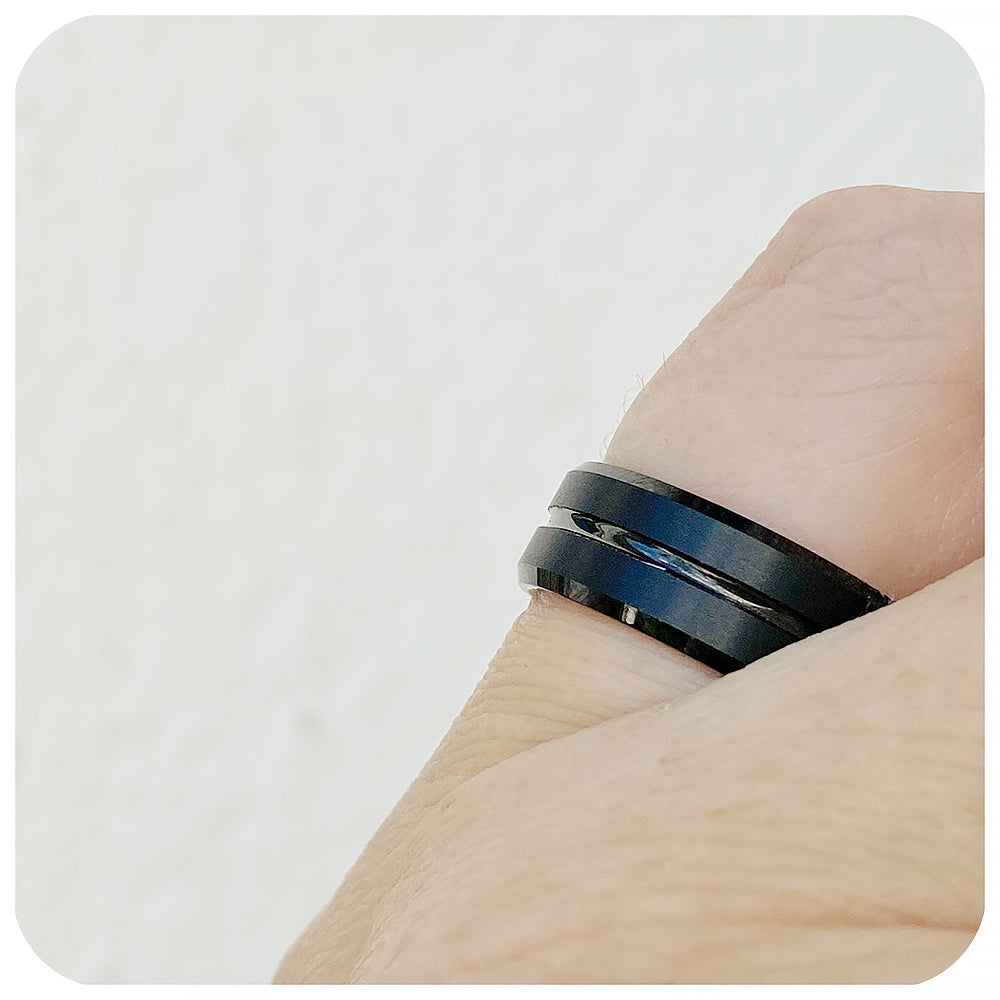 Black grooved tungsten mens wedding ring - Victoria's Jewellery