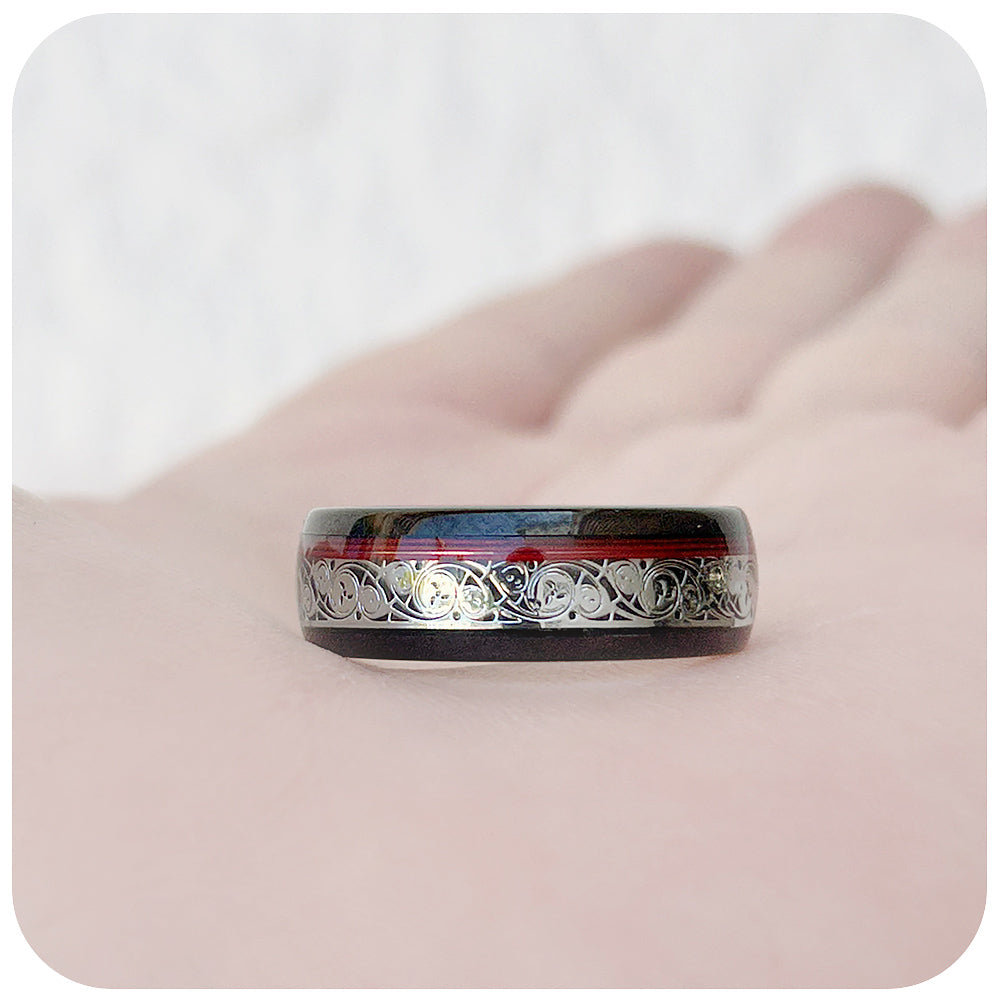 Black Watch Inlay and Red Guitar String Tungsten Mens Wedding Ring - Victoria's Jewellery