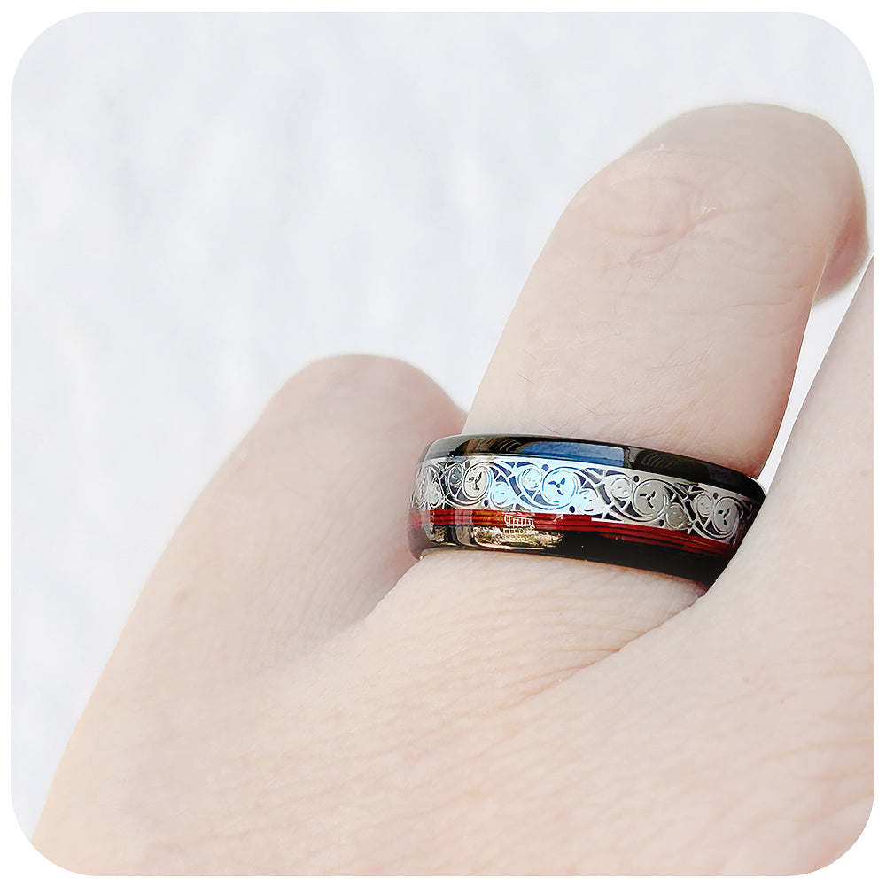 Black Watch Inlay and Red Guitar String Tungsten Mens Wedding Ring - Victoria's Jewellery