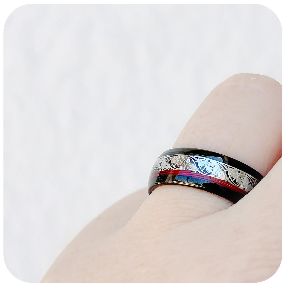 Black Watch Inlay and Red Guitar String Tungsten Mens Wedding Ring - Victoria's Jewellery