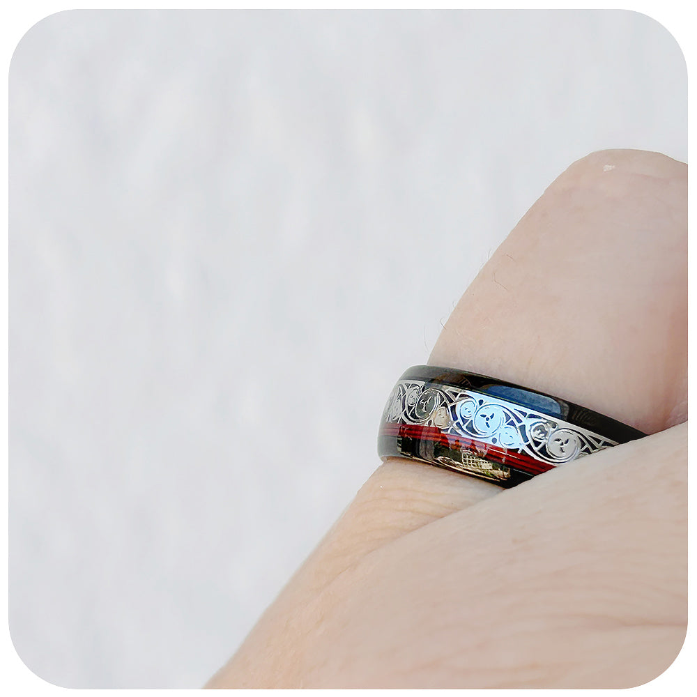 Black Watch Inlay and Red Guitar String Tungsten Mens Wedding Ring - Victoria's Jewellery