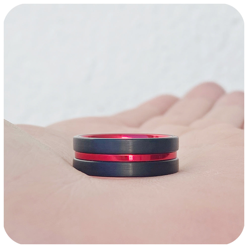 Red Groove Black Brushed Tungsten Mens Wedding Ring - Victoria's Jewellery