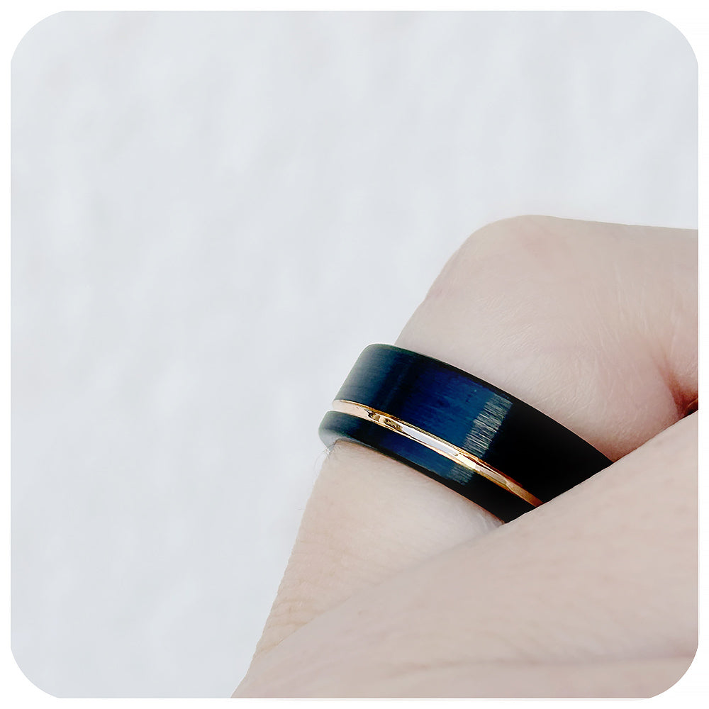 Paxton, Black and Rose Gold Grooved Men's Tungsten Ring - 8mm