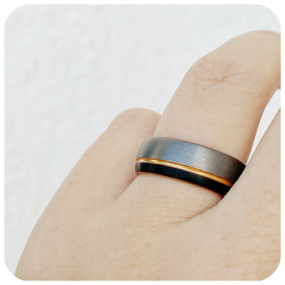 Black, Rose Gold and Silver, brushed mens tungsten wedding ring - Victoria's Jewellery