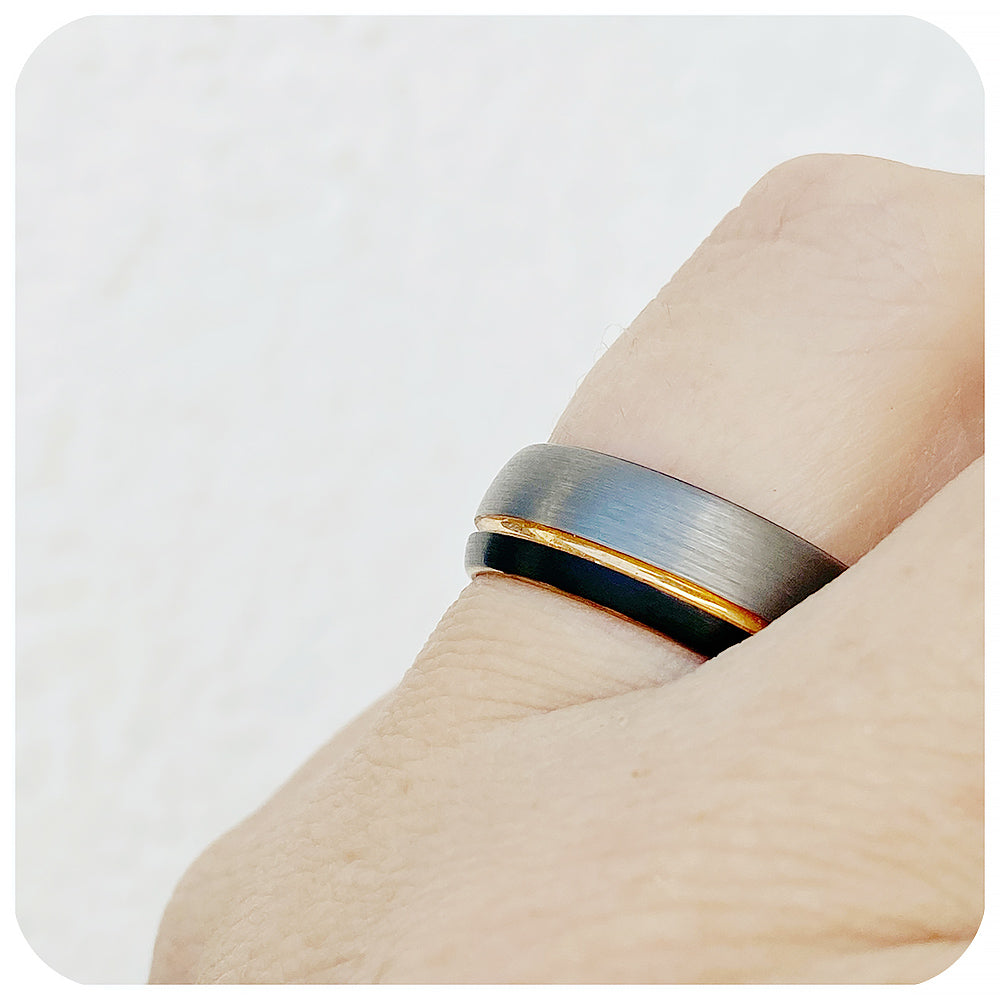 Black, Rose Gold and Silver, brushed mens tungsten wedding ring - Victoria's Jewellery