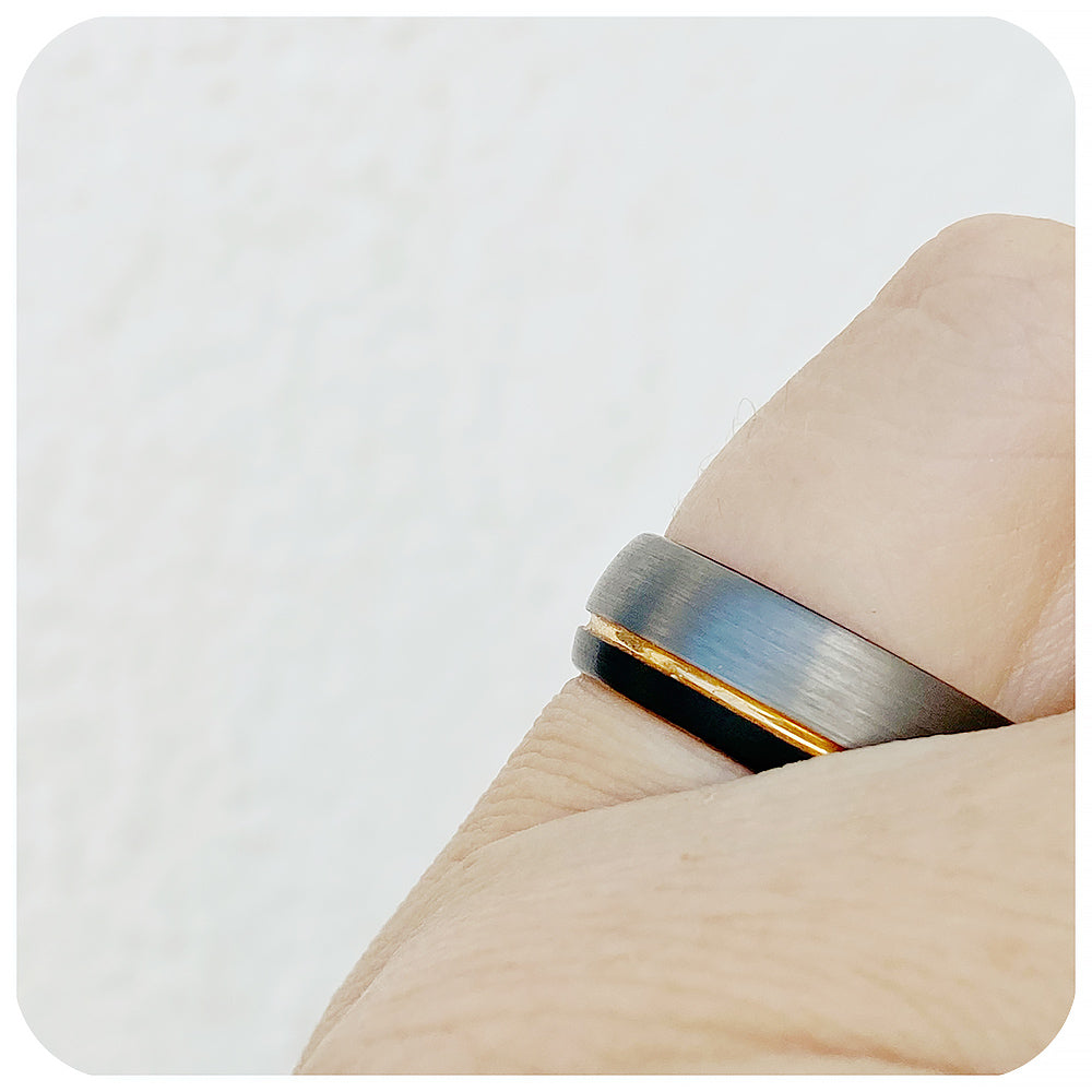 Black, Rose Gold and Silver, brushed mens tungsten wedding ring - Victoria's Jewellery