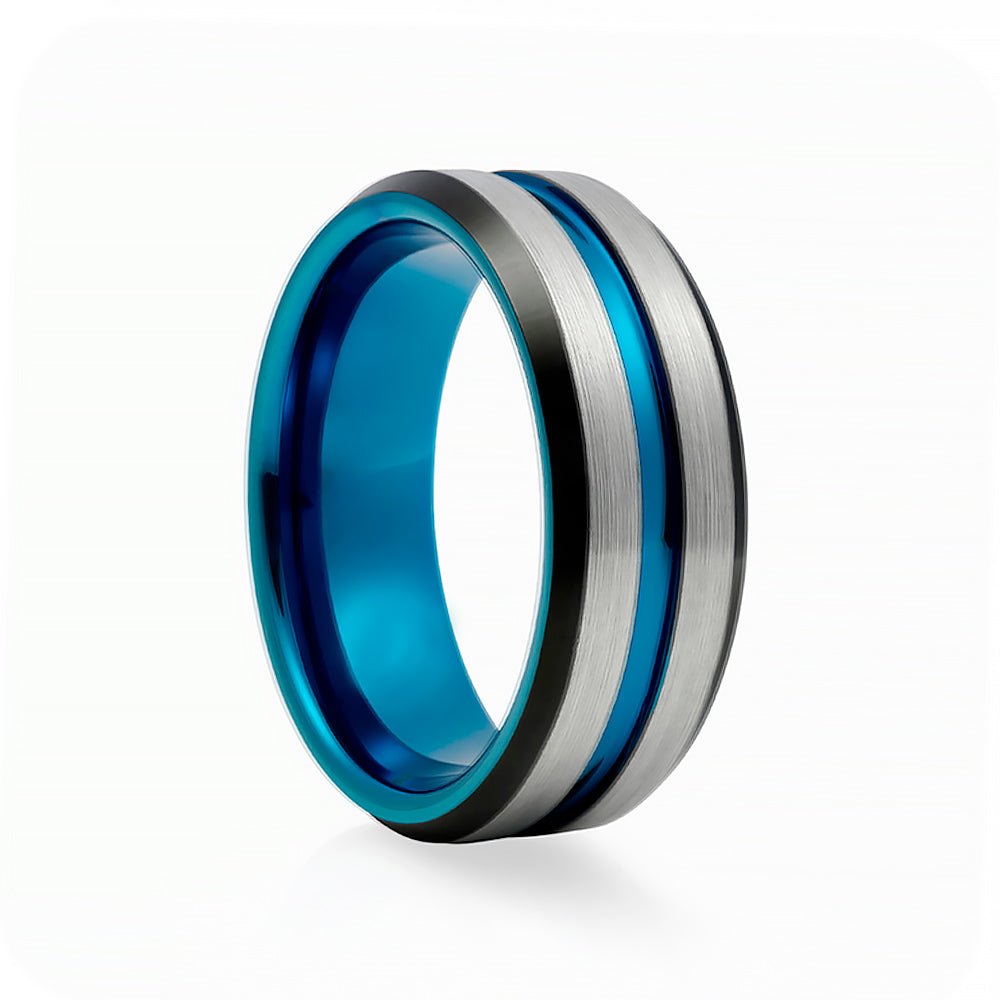 Lucas, a Black, Silver and Blue Grooved Tungsten Men's Ring