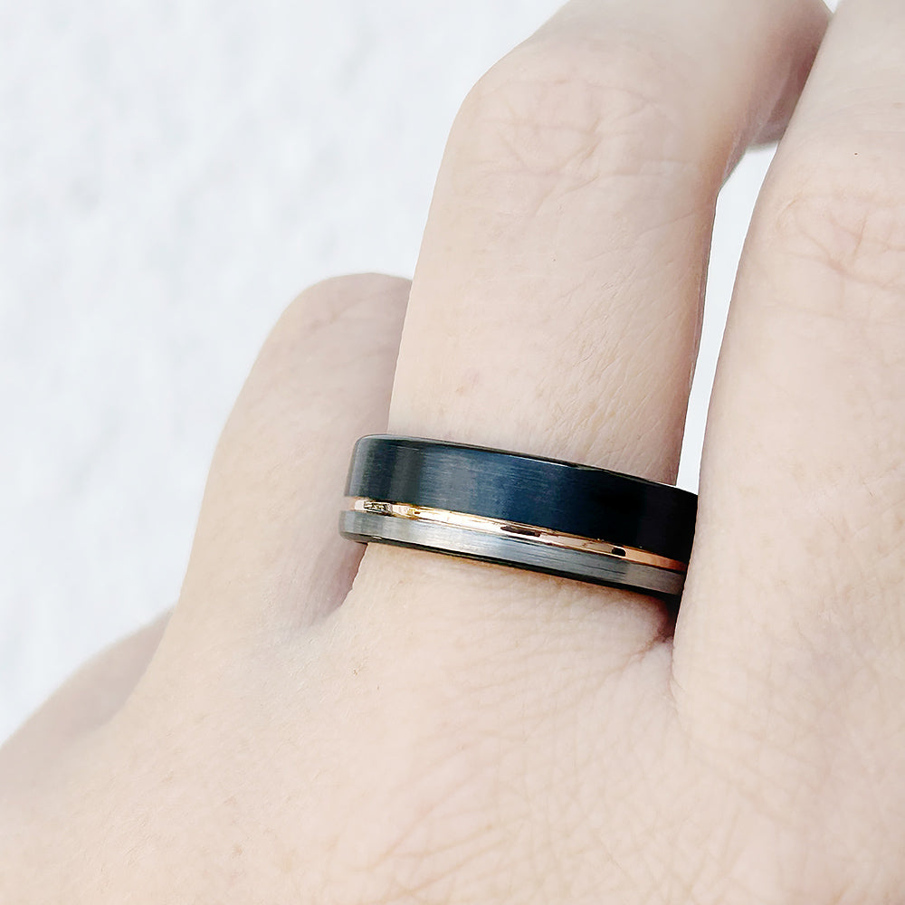 Silver, Black and Rose Gold Tungsten Mens Wedding Ring - Victoria's Jewellery
