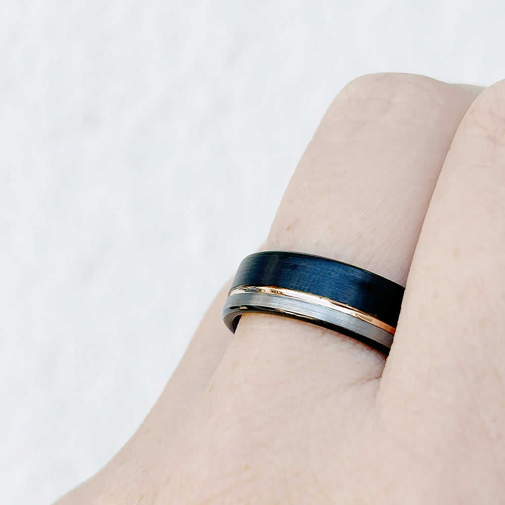 Silver, Black and Rose Gold Tungsten Mens Wedding Ring - Victoria's Jewellery