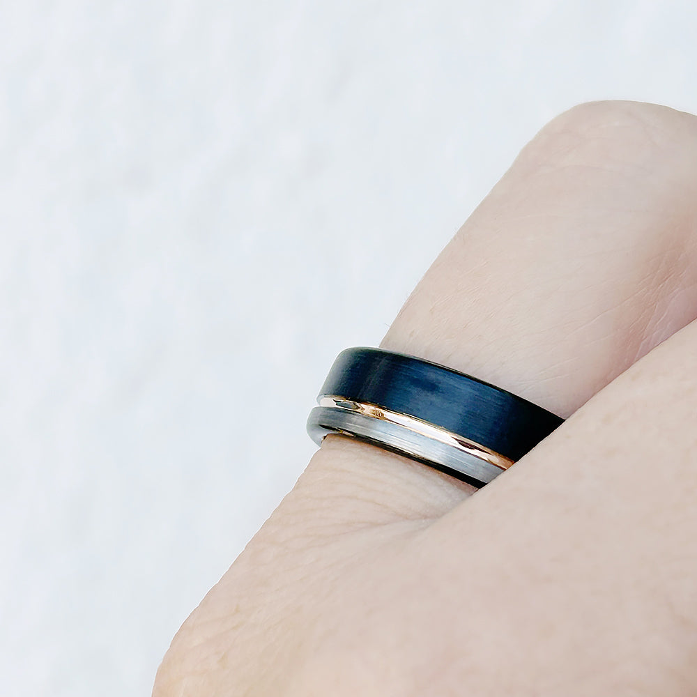 Silver, Black and Rose Gold Tungsten Mens Wedding Ring - Victoria's Jewellery