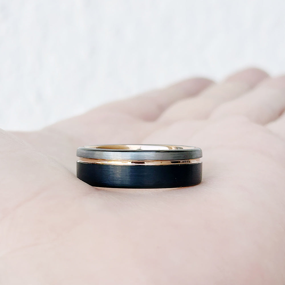 Silver, Black and Rose Gold Tungsten Mens Wedding Ring - Victoria's Jewellery